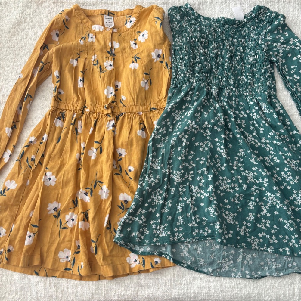 Carter's Kid Girls Floral Dress Lot Mustard Yellow Green Smocked Size 6 6x